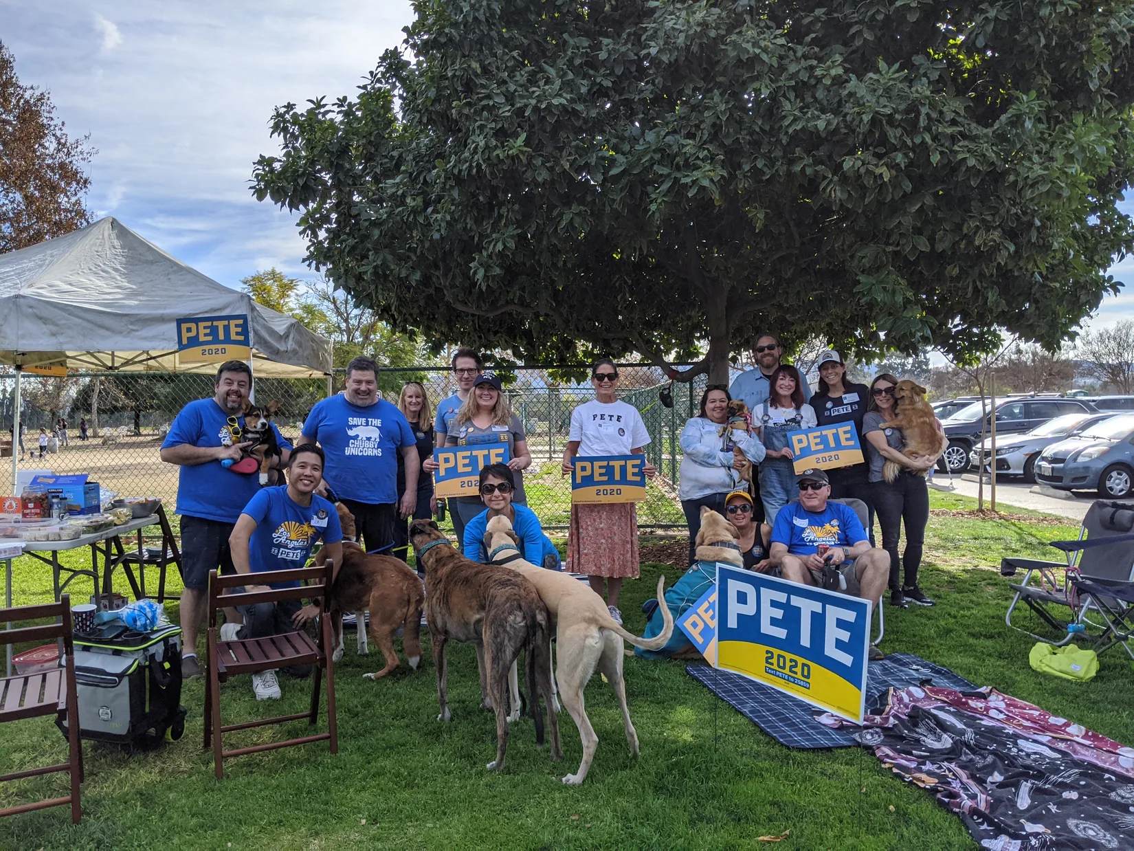 Supporters gather with dogs at a Pete-Up picnic in a park